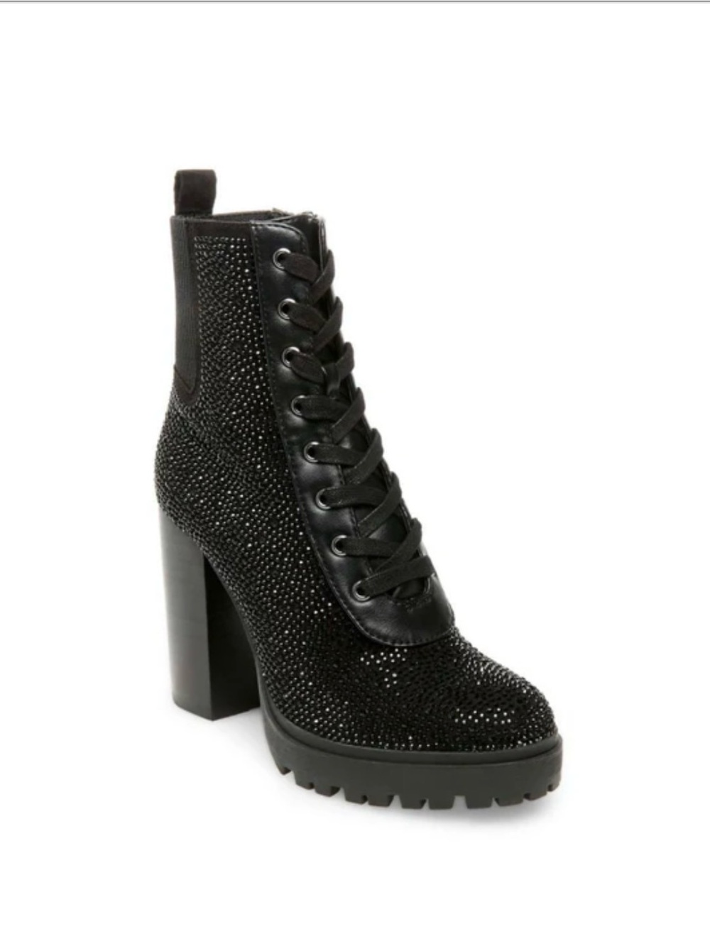 Steve Madden “Latch” black rhinestone lace-up boots